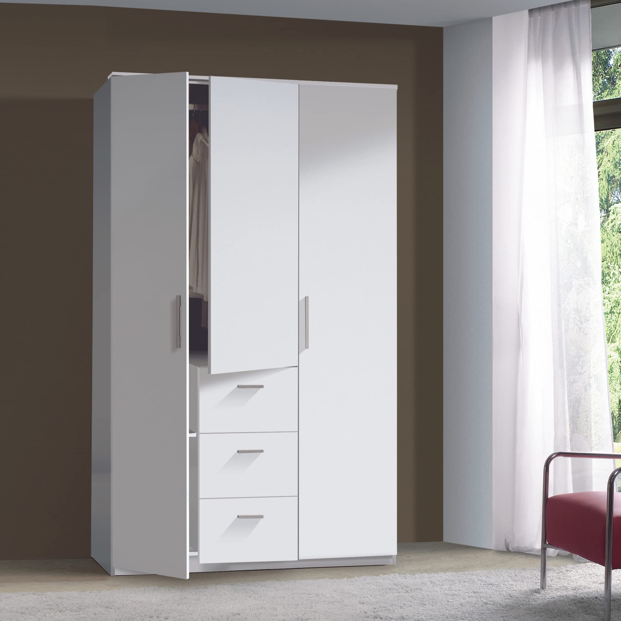 HOMN LIVING Armario ropero Lisa 3 Puertas y 3 Cajones Color Blanco Brillo, 117 cm (Ancho) 52 cm (Profundo) 203 cm (Altura)