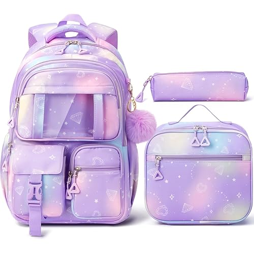 Fimibuke Kids Backpack for School Girls, 3Pcs Waterproof Girls Backpack with Lunch Box & Pencil Pouch - Lightweight Bookbag for Elementary Middle School Student Teens Ages 6+ Purple