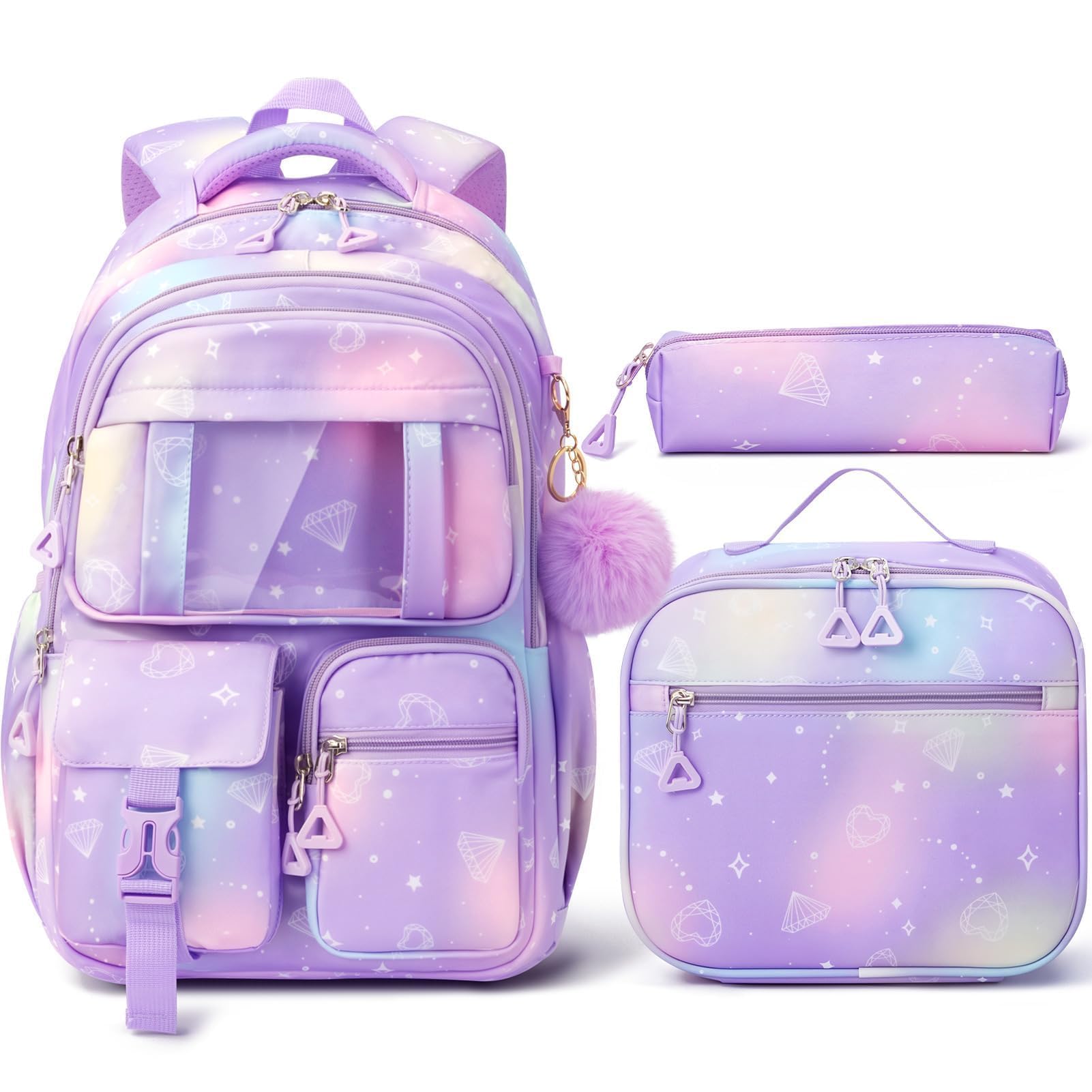 FimibukeKids Backpack for School Girls, 3Pcs Waterproof Girls Backpack with Lunch Box & Pencil Pouch - Lightweight Bookbag for Elementary Middle School Student Teens Ages 6+ Purple