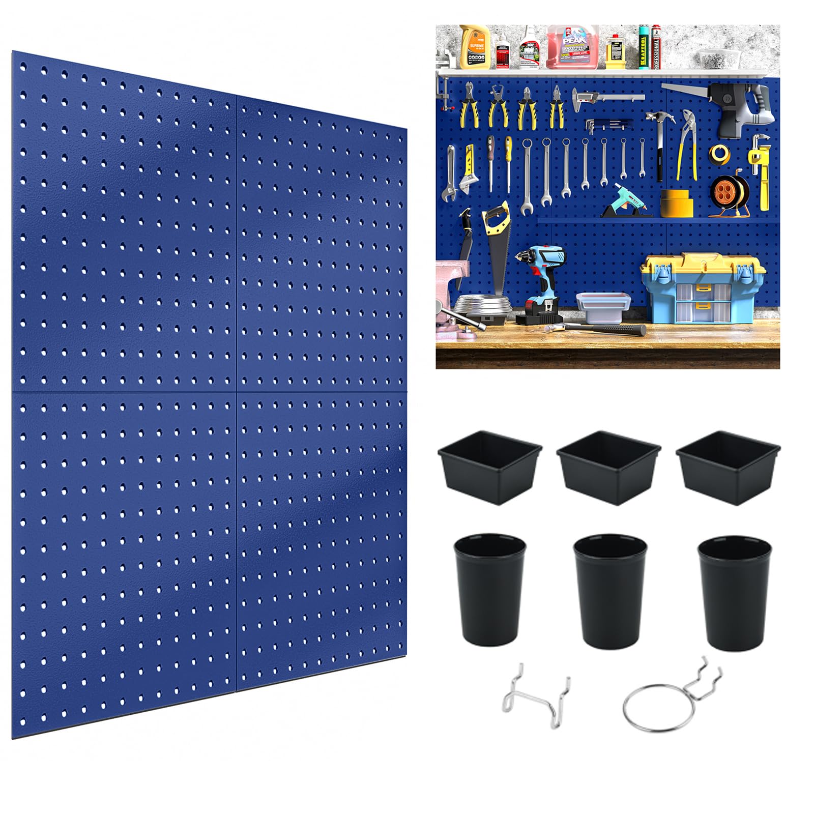 DEMEDO Peg Board, 4Pcs Metal Pegboard with 6Pcs Pegboard Bins & Cups, Blue Pegboard Accessories Fit 1/4" 1/8" Pegboard