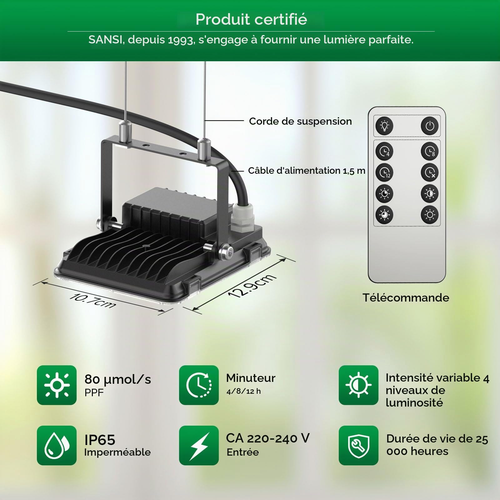 SANSI Lampe de Plantes 45W (340W eq.), Spectre Complet, IP65 | Lampe de Coissance Horticole LED pour Germination Croissance des Plantes Fleurs Légumes