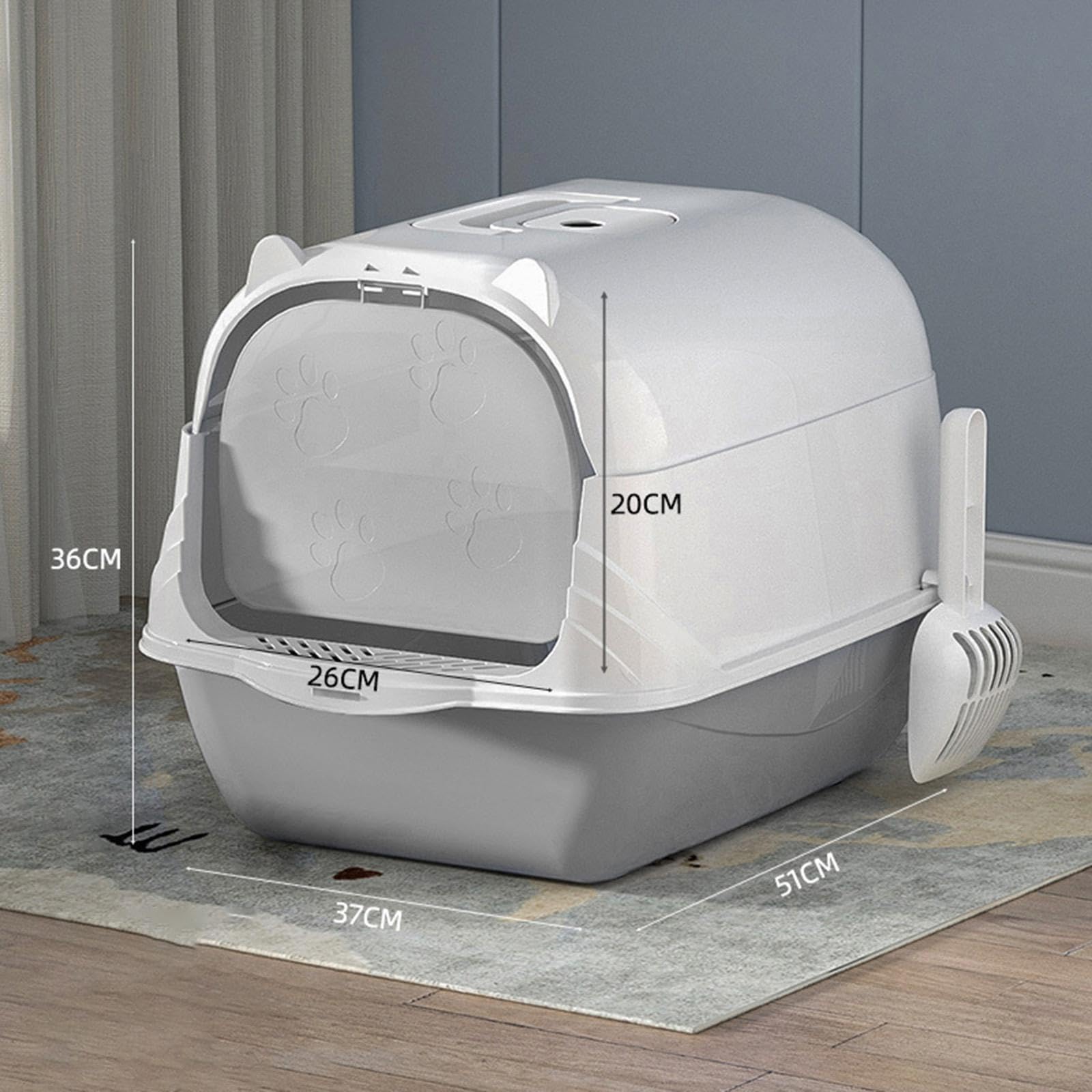 Katzenklo Geschlossene Katzentoilette Haubentoilette Katzenstreu Box mit Schaufel Enclosed Tragbare Toilettenschale Dicht Schließende Tür, GRAU
