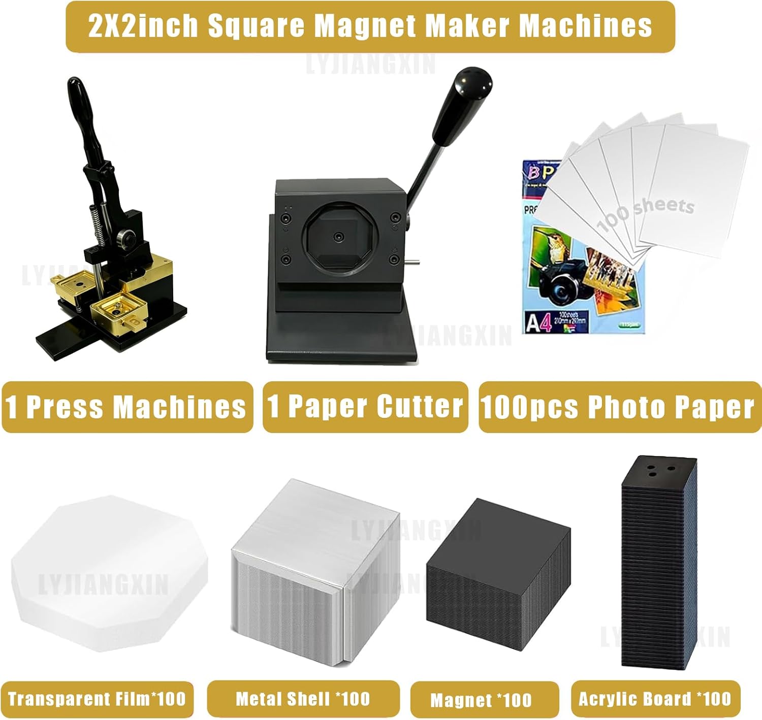 2x2 Inch Square Fridge Magnet Maker Machine Kit, 100Pcs Consumables +100 Sheets Photo Paper, Cutter, Photo Magnet Making kit, Custom Badges Complete DIY Kit