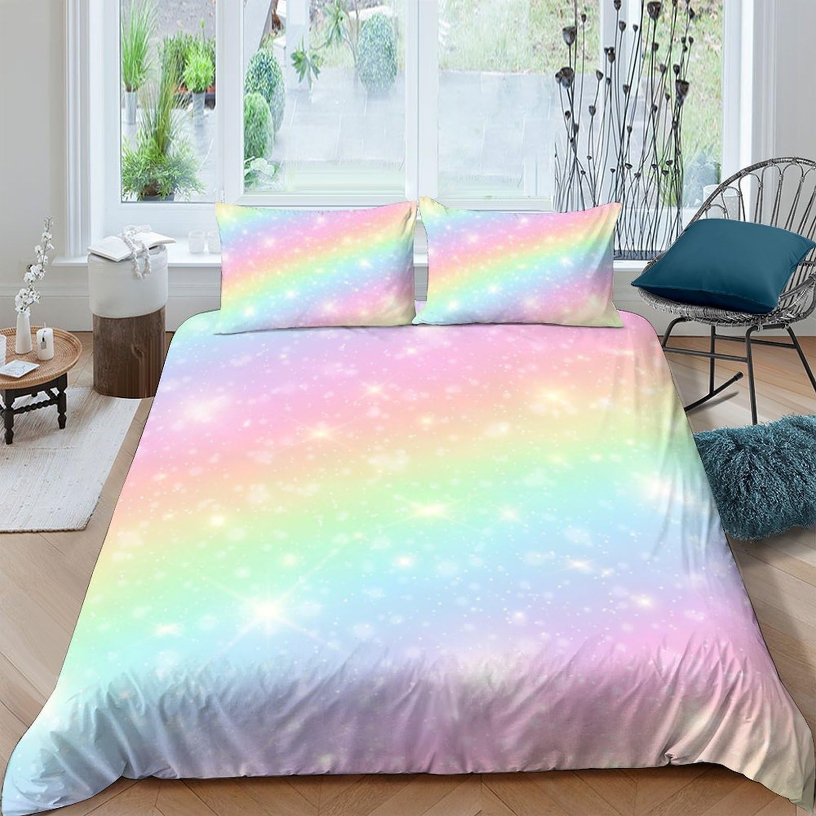 GPLZQXKJNH 3D Printed Rainbow Gradient Duvet Cover Microfiber Soft Pastel Sparkle Bedding Set with 2 Pillowcases for Bedroom Decor Single（135x200cm）