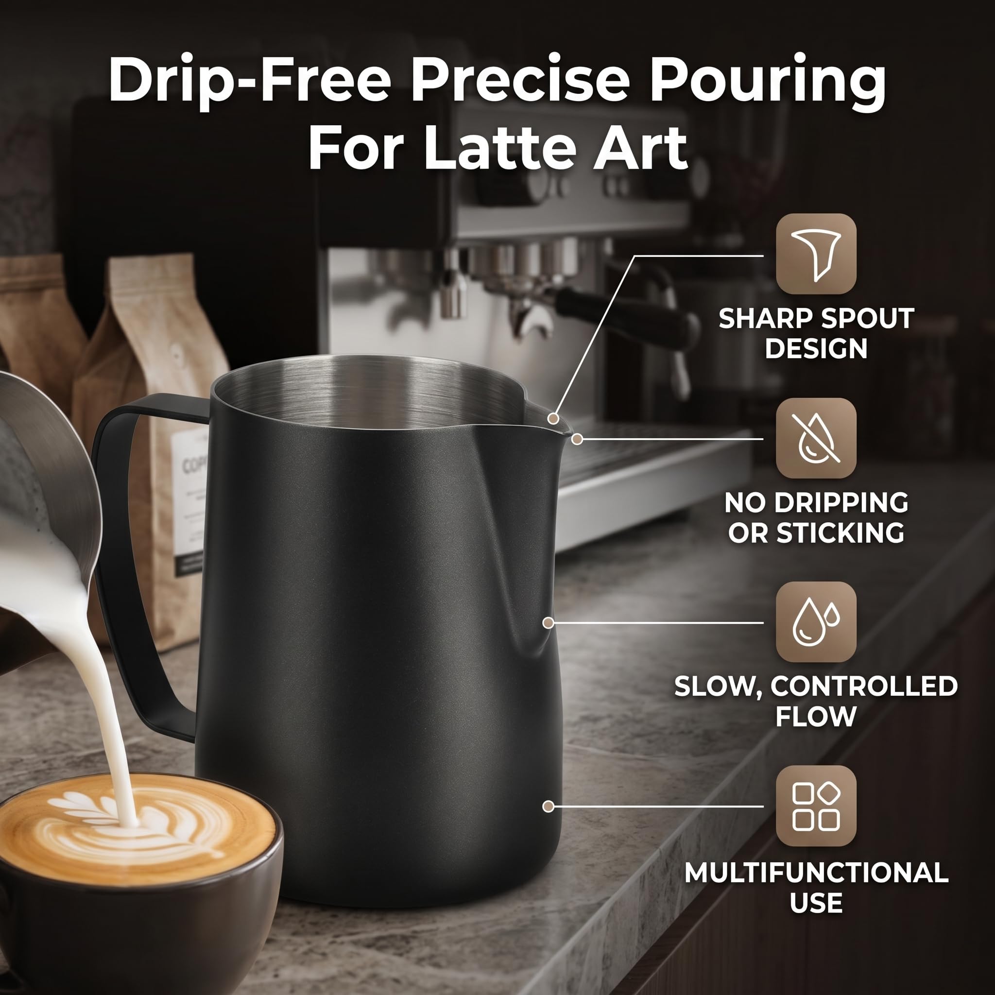 Akozon 700ML Dzbanek do Spieniania Mleka ze Stali Nierdzewnej 304 - Pogrubiony Teksturowany Dzbanek Latte Art do Kawy - Idealny dla Baristów i Domowego Browarnictwa (BLACK)