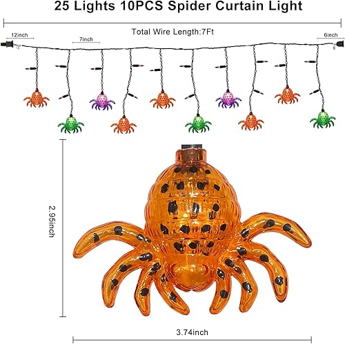 Miniatura 2 de Romasaty Cortina de luces de araña de Halloween de 7 pies con 10 tiras de luces de araña impermeables, 25 luces LED temáticas de Halloween para