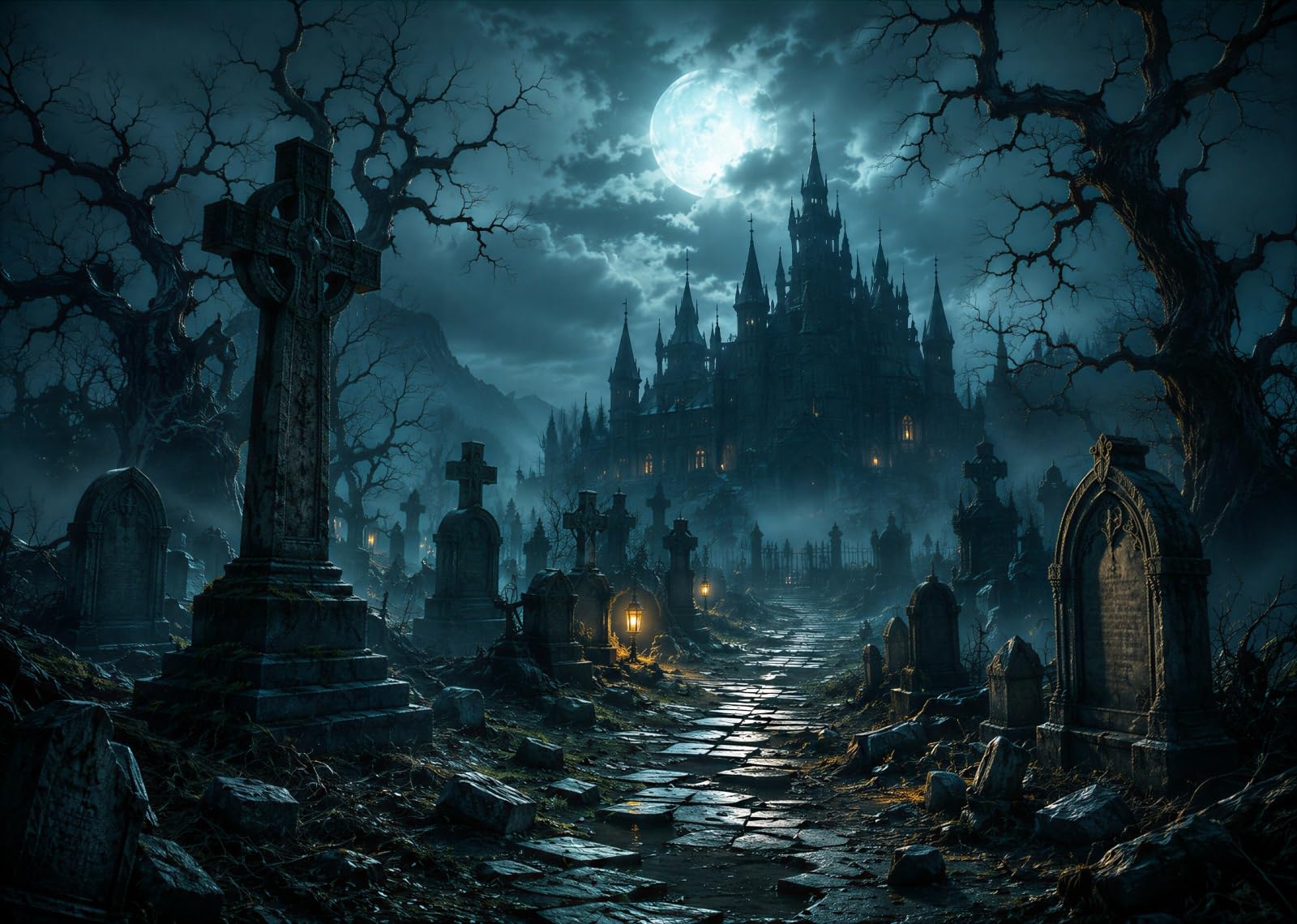 12x10FT (3.6x3m) Cementerio Castillo A La Luz De Fondo Fotográfico