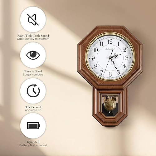 Miniatura 8 de HEOMU Relojes de pared de péndulo que funcionan con pilas, reloj regulador de plástico de aspecto de madera con péndulo, relojes de pared