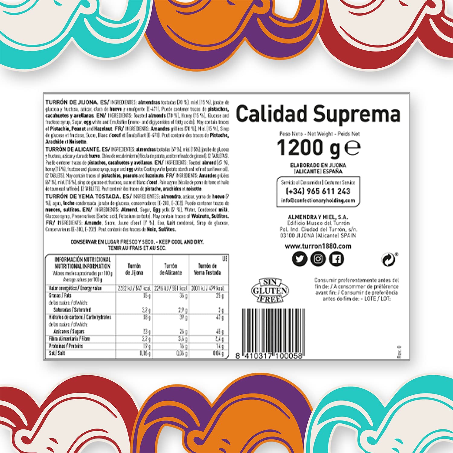 1880 - Pack Cesta de Navidad, Turrón de Jijona 300g + Turrón de Alicante 300g + Turrón de Yema Tostada 300g, Calidad Suprema, Típico Dulce Navideño, Receta Artesanal, Turrón Tradicional, 900 Gramos