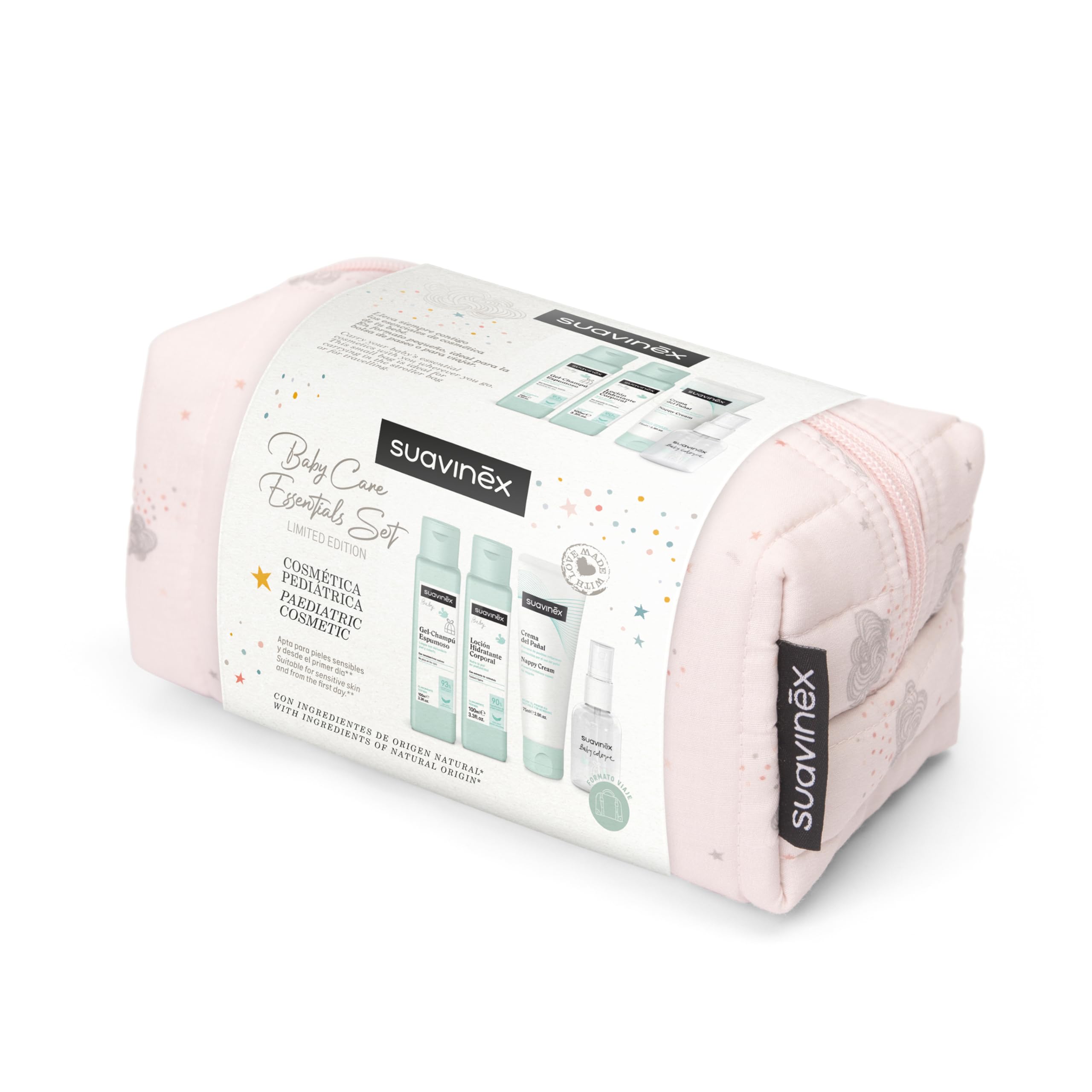 Suavinex, Kulturbeutel für Babys, Geschenkset für Neugeborene mit: Shampoo 100 ml + Feuchtigkeitslotion 100 ml + Creme für Change 75 ml + Eau de Cologne 50 ml. Reisegröße. Rose Dreams