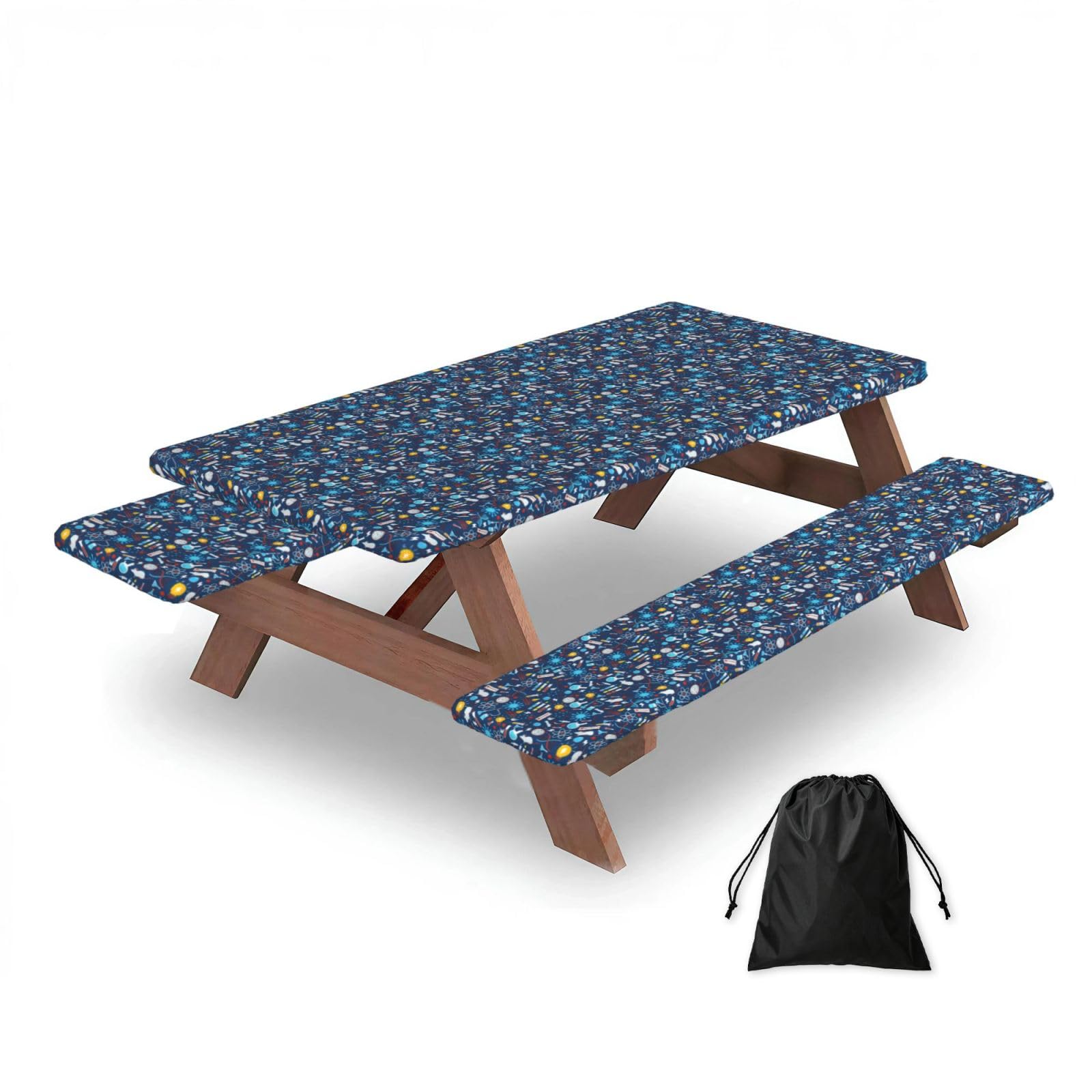 Chemistry Pattern, Picnic Table Cover With Bench Covers -Waterproof Elastic Fitted Tablecloth for Garden Camping Patio 76x152cm