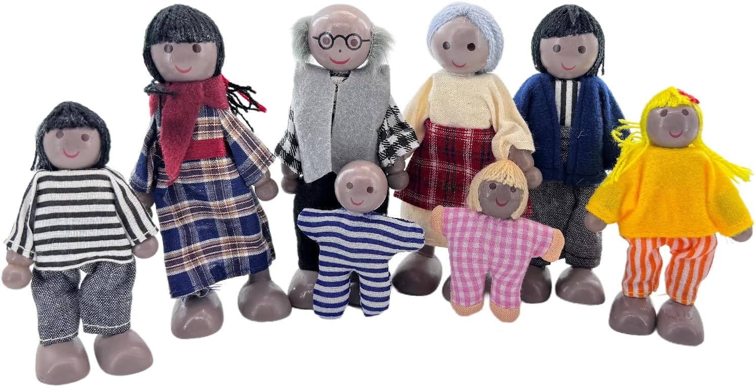 7 Pcs African American Wooden Dollhouse Family Set Dollhouse Dolls Family Role Play Pretend Play Figures