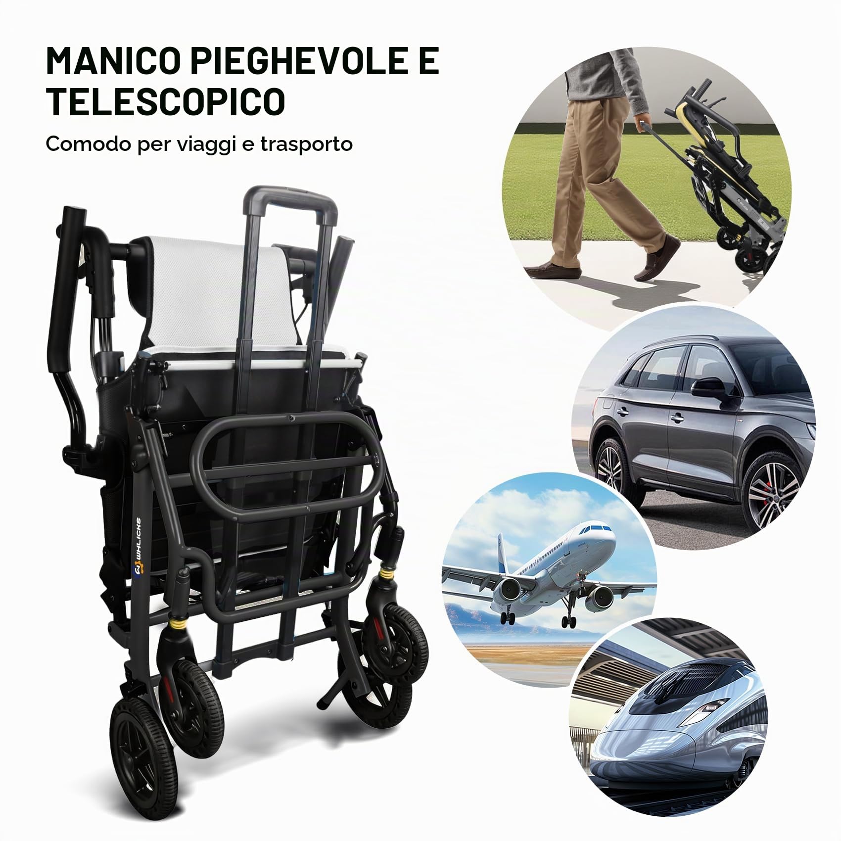 Sedia a Rotelle per Adulti Sedia da Trasporto Leggera Pieghevole con Manico Telescopico, Larghezza Seduta 46cm Sedie a Rotelle da Viaggio Pieghevoli Portatili per Anziani