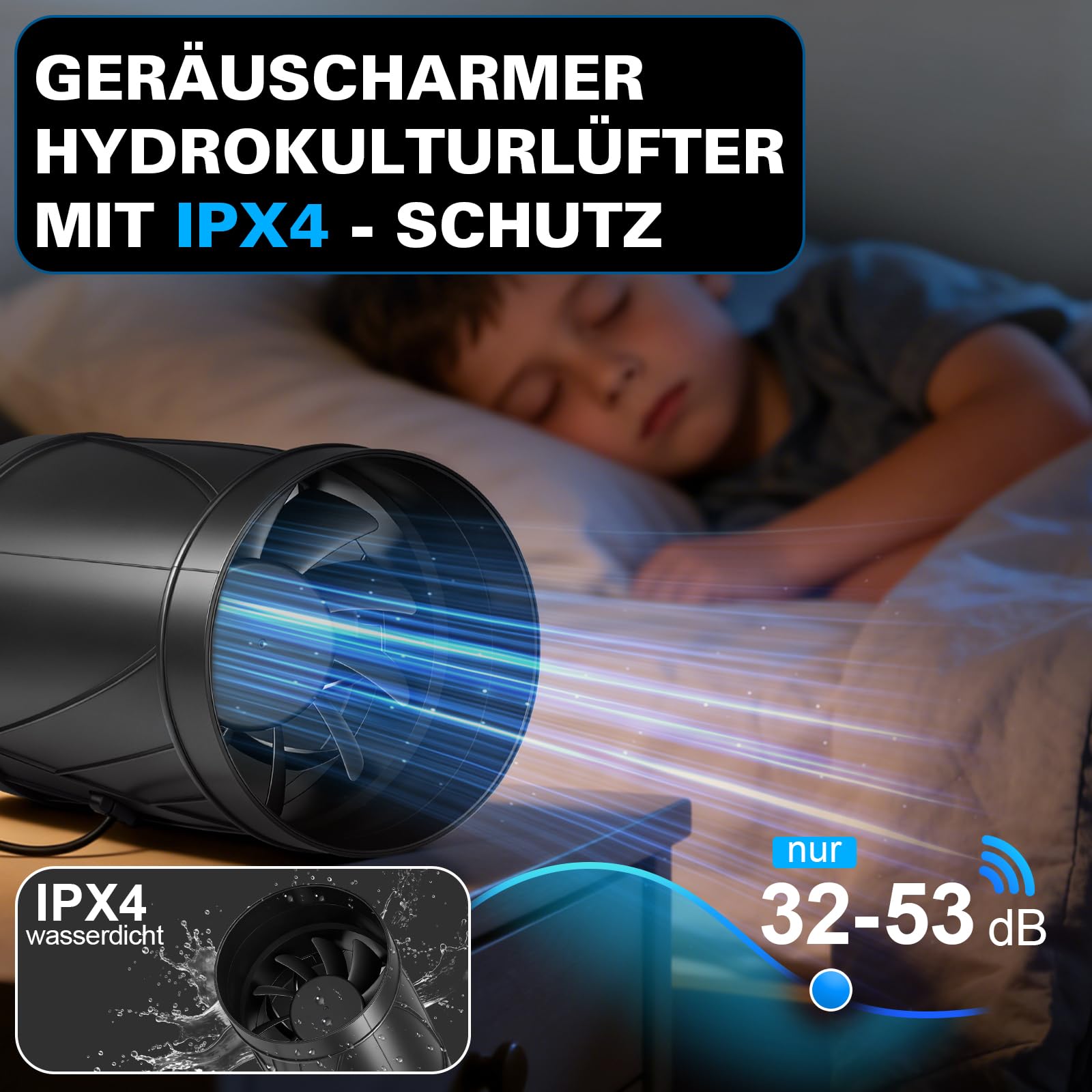 Regelbar Rohrventilator 150mm, 588 m³/h Inline Abluftventilator Rohrlüfter mit Drehzahlregler, EC Motor, EU-Stecker, 3m Kabel, 3000 U/min Kanalventilator für Grow-Zelte, Gewächshaus, Badzimmer, Garage
