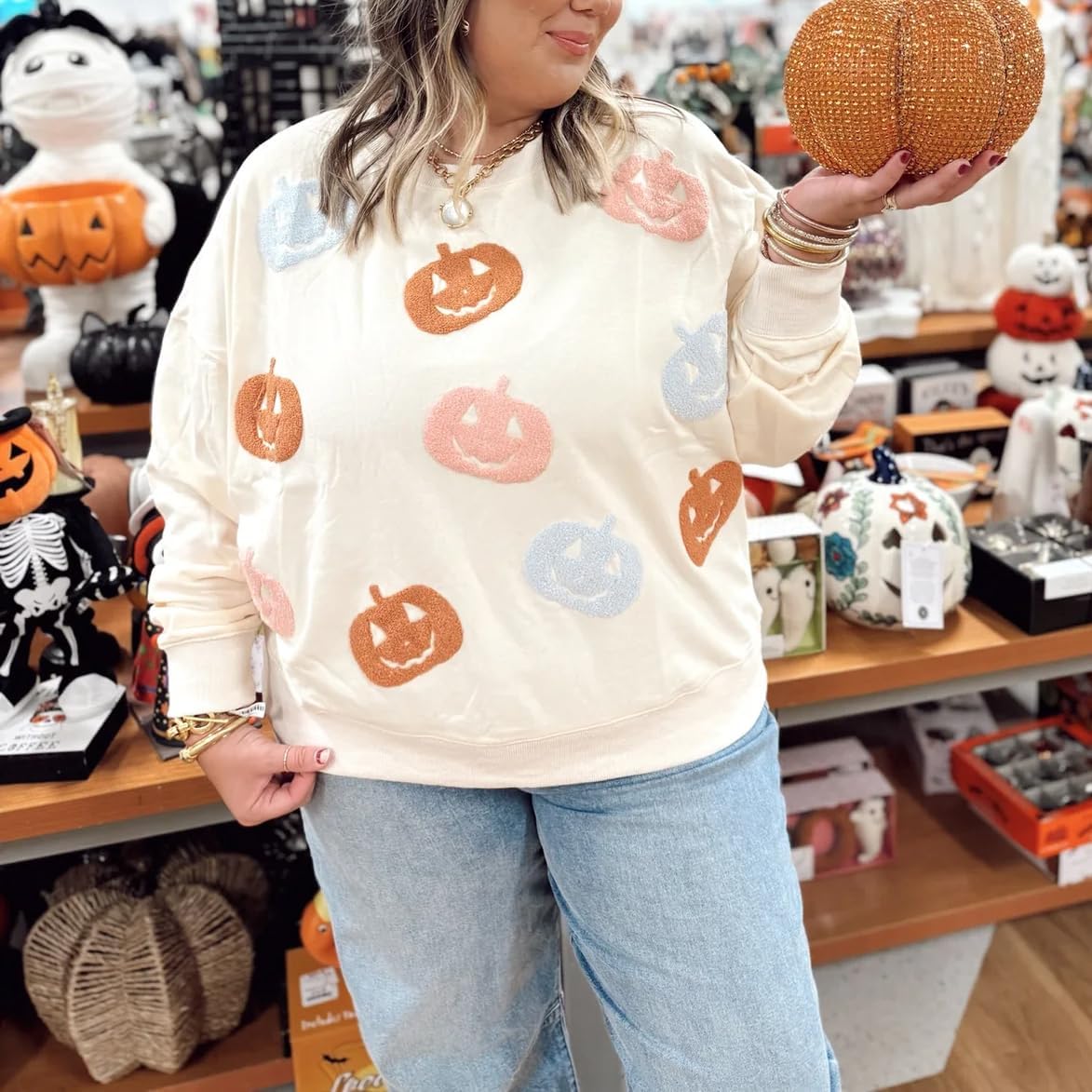 Halloween Sweatshirts for Women 2025 Spooky Ghost Long Sleeve Sweaters Vintage Pumpkin Yarn Graphic Crewneck Shirts - Image 6