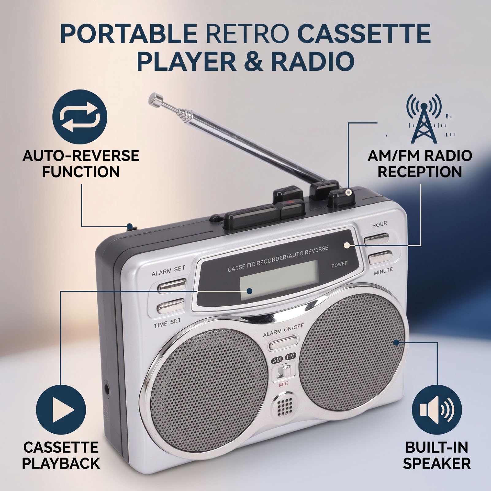 Bewinner Reproductor de Casete Retro con Grabadora de Cinta Inversa Automática con Radio Am FM | Cuerpo ABS, grabadora portátil, escucha en casa y al aire libre, pantalla LCD, uso de auriculares