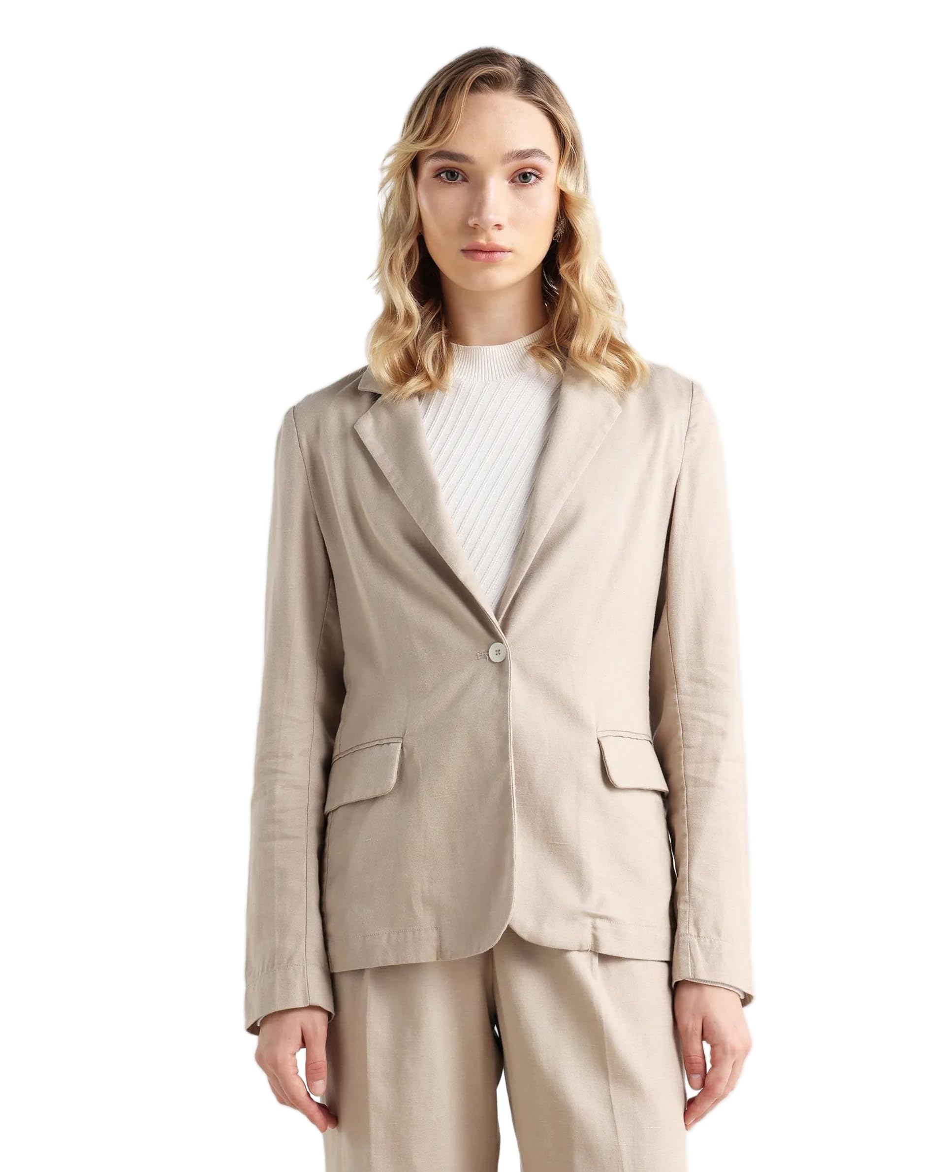 rareism Women Regular Solid Red Linen Notch Lapel Long Sleeve Blazer-picture-12