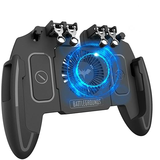 popman Mobile Game Controller with Cooling Fan 4 Trigger for PUBG/Call of Duty/Fotnite [6 Finger Operation] L1R1 L2R2 Gaming Grip Gamepad Mobile Controller Trigger for 4.7-6.5" iOS Android Phone