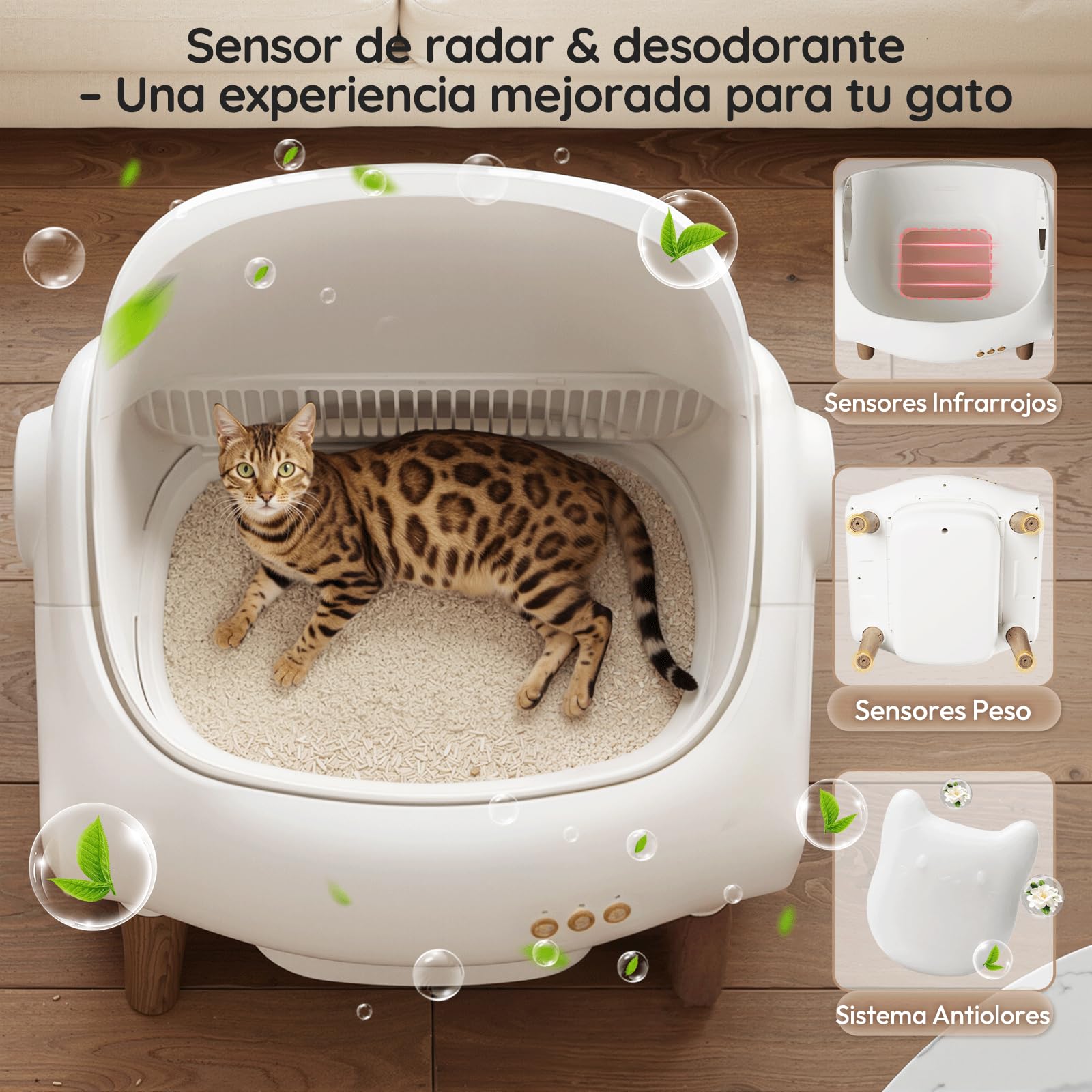 Devoko Arenero Autolimpiable XXL para Gatos hasta 15 kg con App | Control vía App, Autolimpieza 15 Días, Varios Gatos, Diseño Abierto, Tamaño XXL