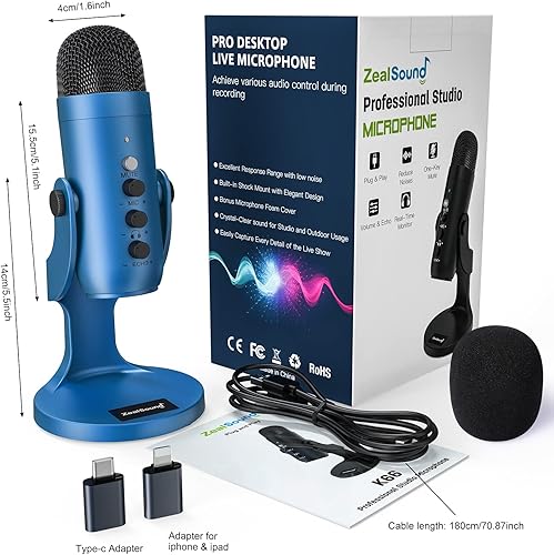 Miniatura 7 de ZealSound Micrófono USB, micrófono de condensador para juegos para teléfonoportátilPCPS45computadora, micrófono con perilla de ganancia, silencio