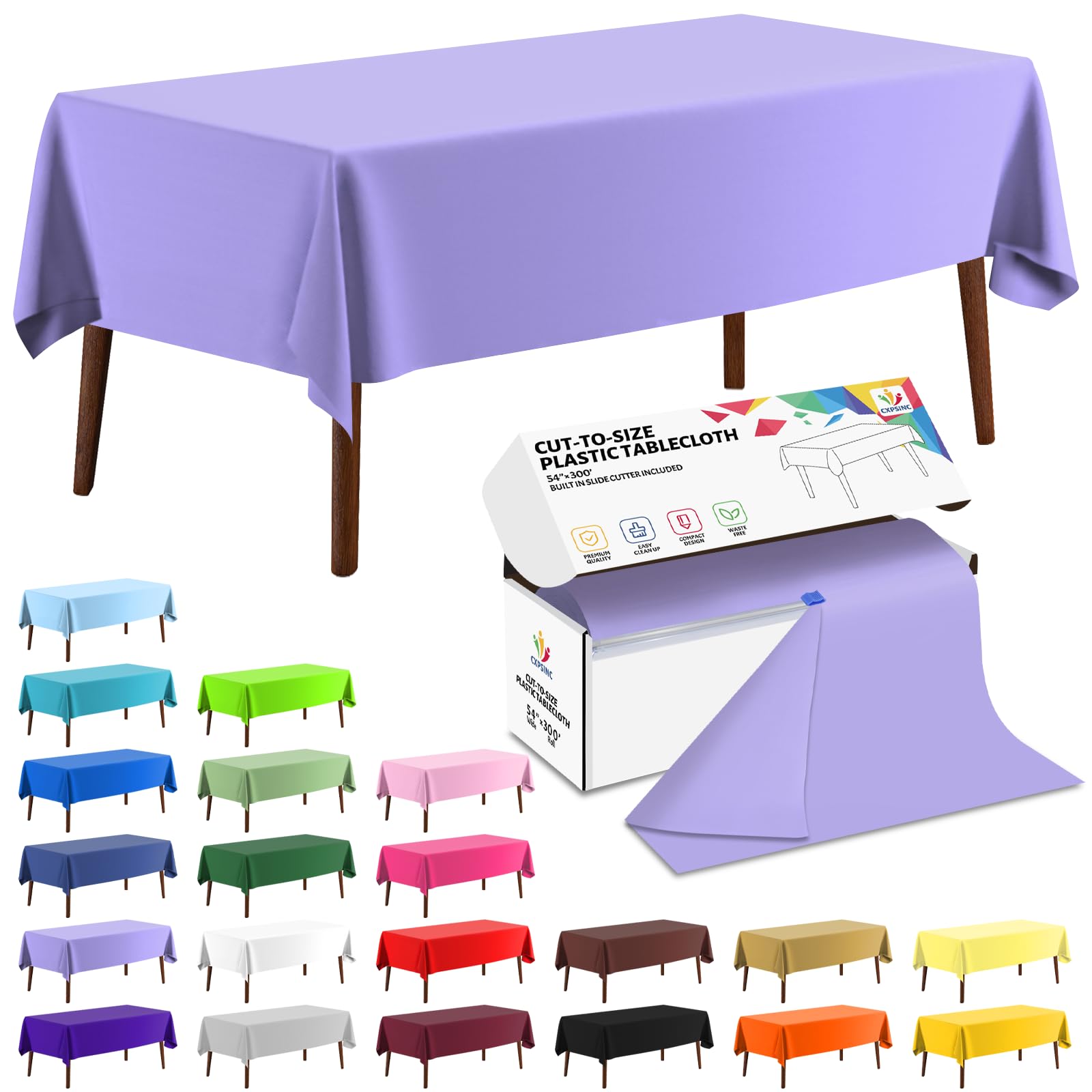 CXPSINC 54 Inch X 300 Feet Plastic Table Cover Roll Disposable Tablecloth with Slide Cutter for All Type/Shape Tables | Party, Banquet, Birthdays, Weddings(Purple, 300 Feet) โ image 1
