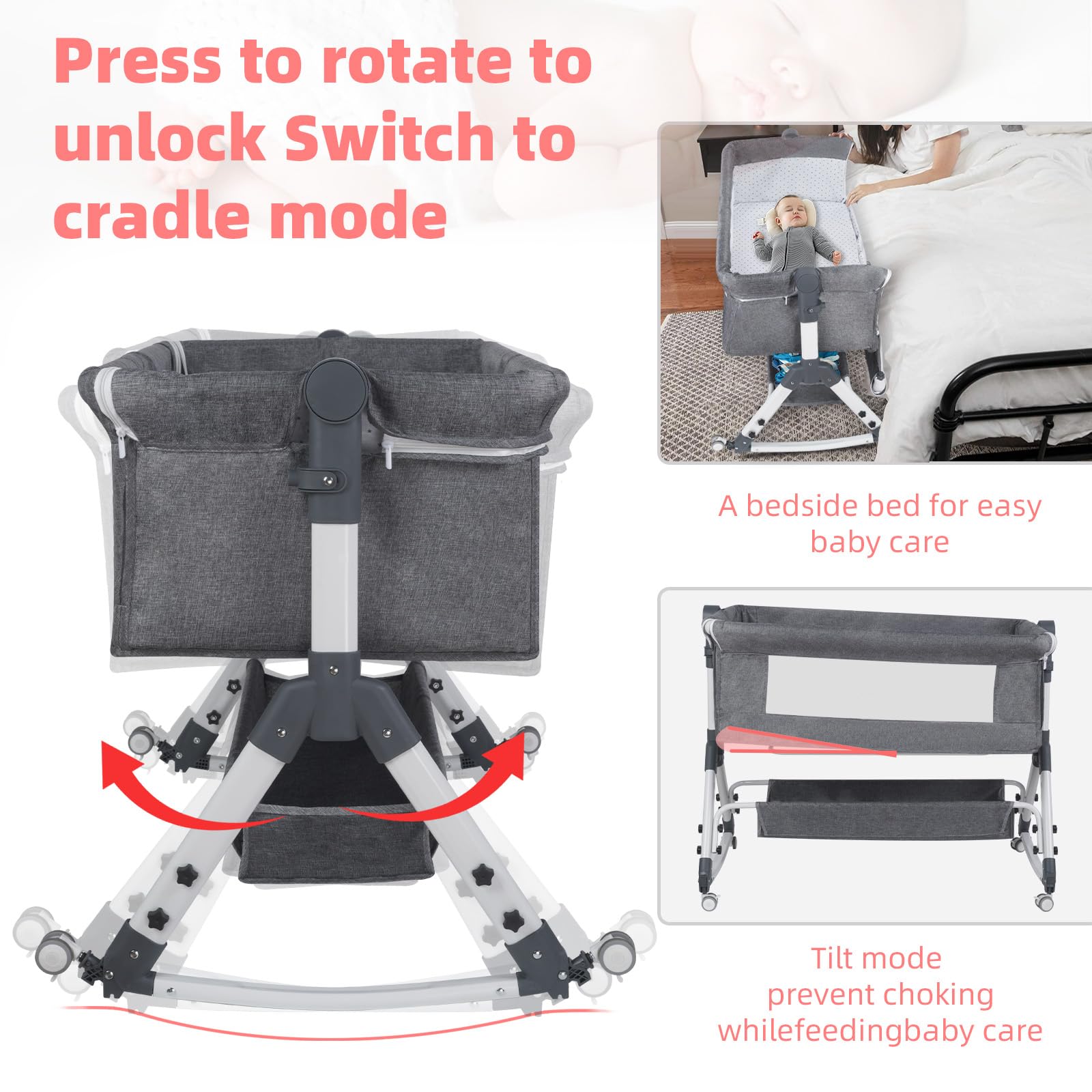 Lit Bébé Cododo Berceau avec Matelas, Mode Bascule pour Bercer, Côté Repliable, Hauteur Réglable, Fenêtres en Filet, 4 Roues, 0-24 Mois (Gris Clair)