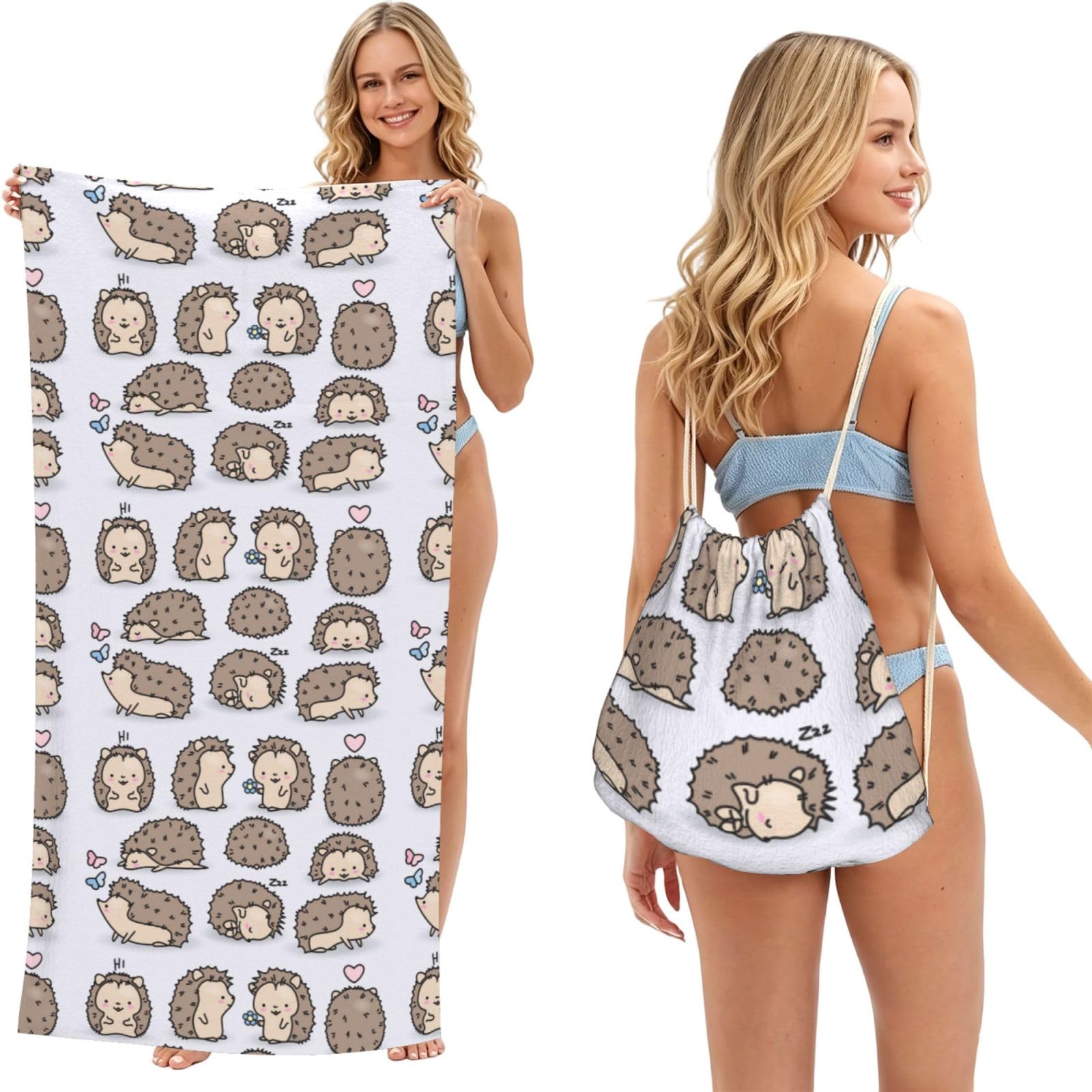 Poadnly As Picture Hedgehog, 2 In 1 Packable Towel Bag, Beach Towels With Drawstring Backpack For Travel Holiday Camping