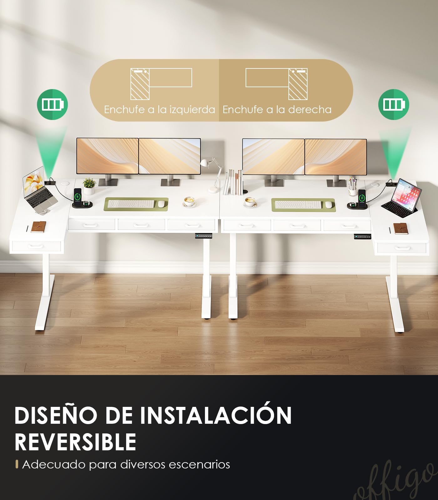OffiGo Escritorio Elevable Esquinero con 4 Cajones, 140 x 80 cm, Blanco