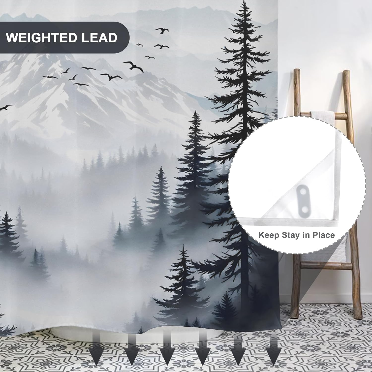 AWERT Forest No Hook Shower Curtain with Snap in Liner Misty Mountain Birds Black Shower Curtain for Bathroom Fabric Waterproof Liner 71 Wx74L