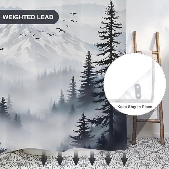 AWERT Forest No Hook Shower Curtain with Snap in Liner Misty Mountain Birds Black Double Layer Shower Curtain for Bathroom Fabric Waterproof Liner 71 Wx74L