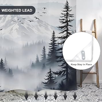 AWERT Forest No Hook Shower Curtain with Snap in Liner Misty Mountain Birds Black Double Layer Shower Curtain for Bathroom Fabric Waterproof Liner 71 Wx74L