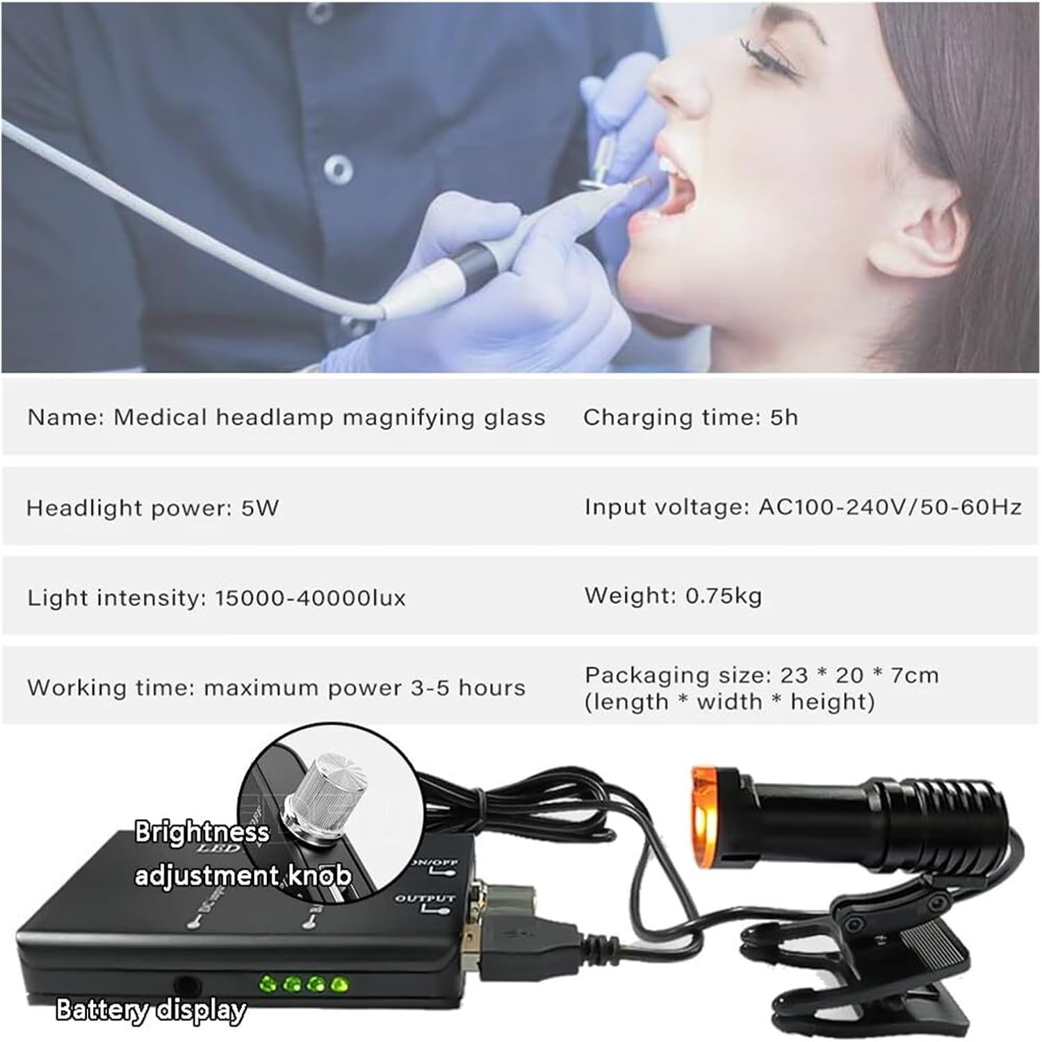 Head-Mounted Dental Loupes with 5W LED Headlight - Adjustable 2.5X-3.5X Magnifier, Rechargeable Ergonomic Design for Dentists & Hygienists