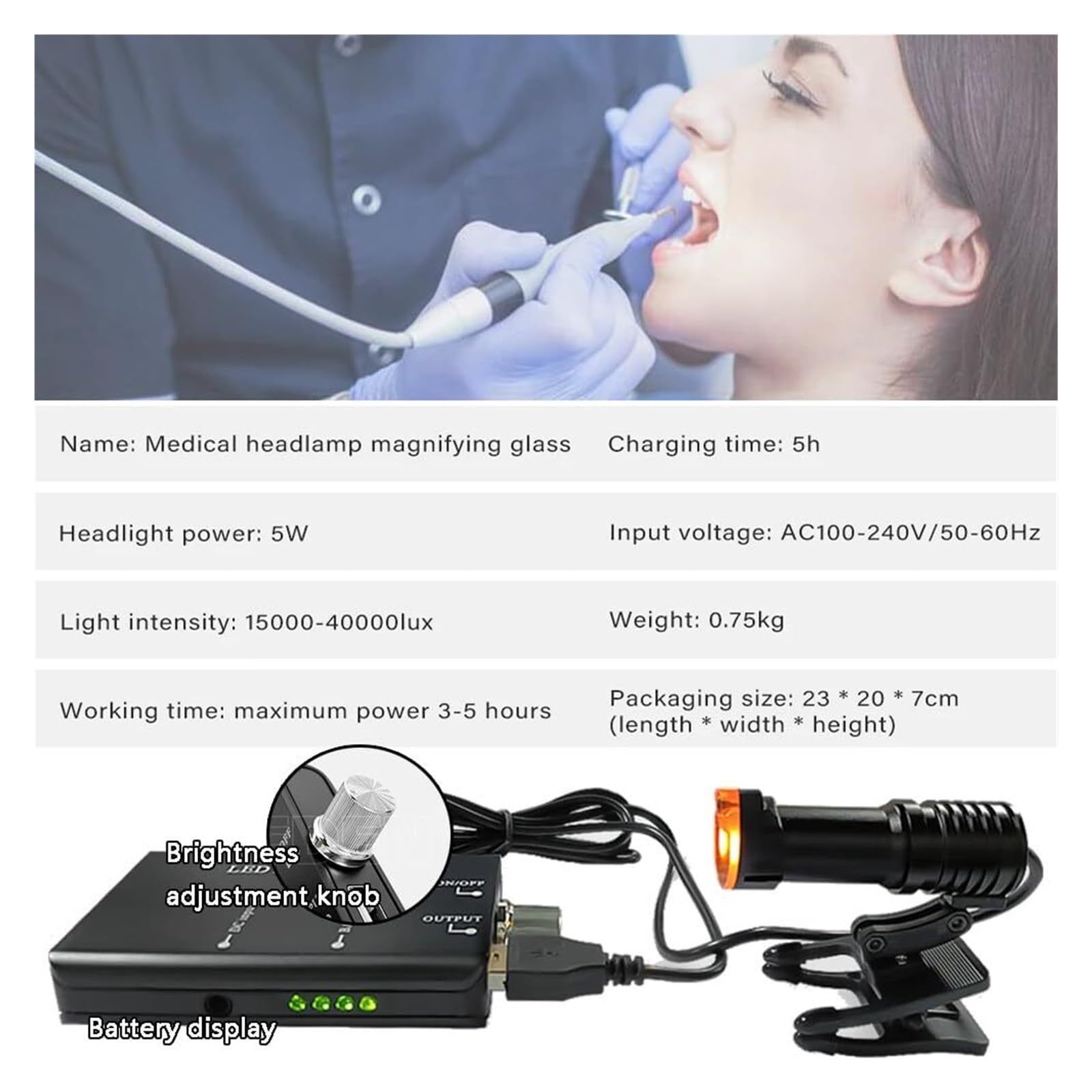 Lupa Dental Frontal con Luz LED 5W Ajustable - Montura Ergónomica Recargable 2.5X-3.5X para Odontólogos e Higienistas Dentales