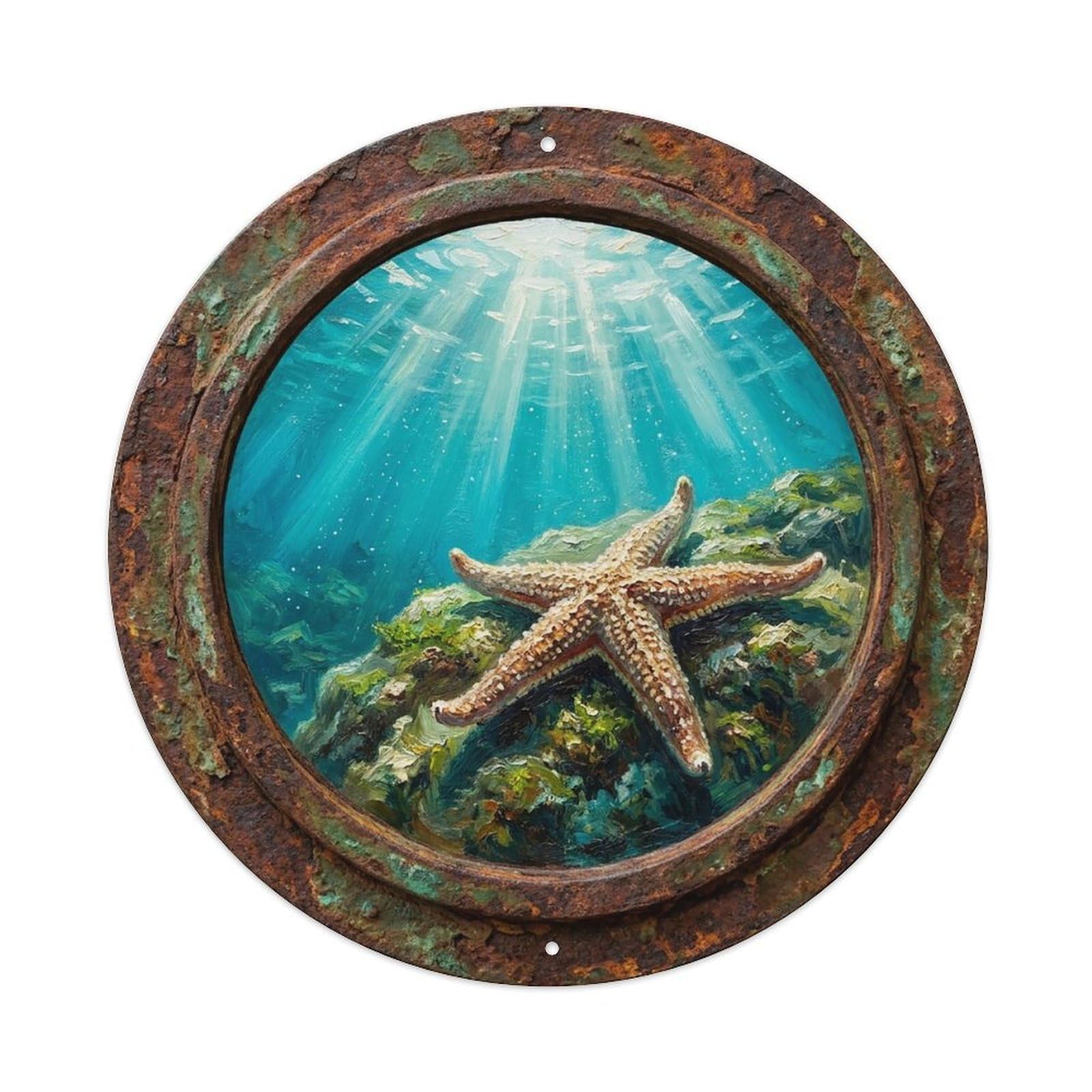 Vintage Porthole Starfish Arms Ship Window Under Deep Metal Tin Sign