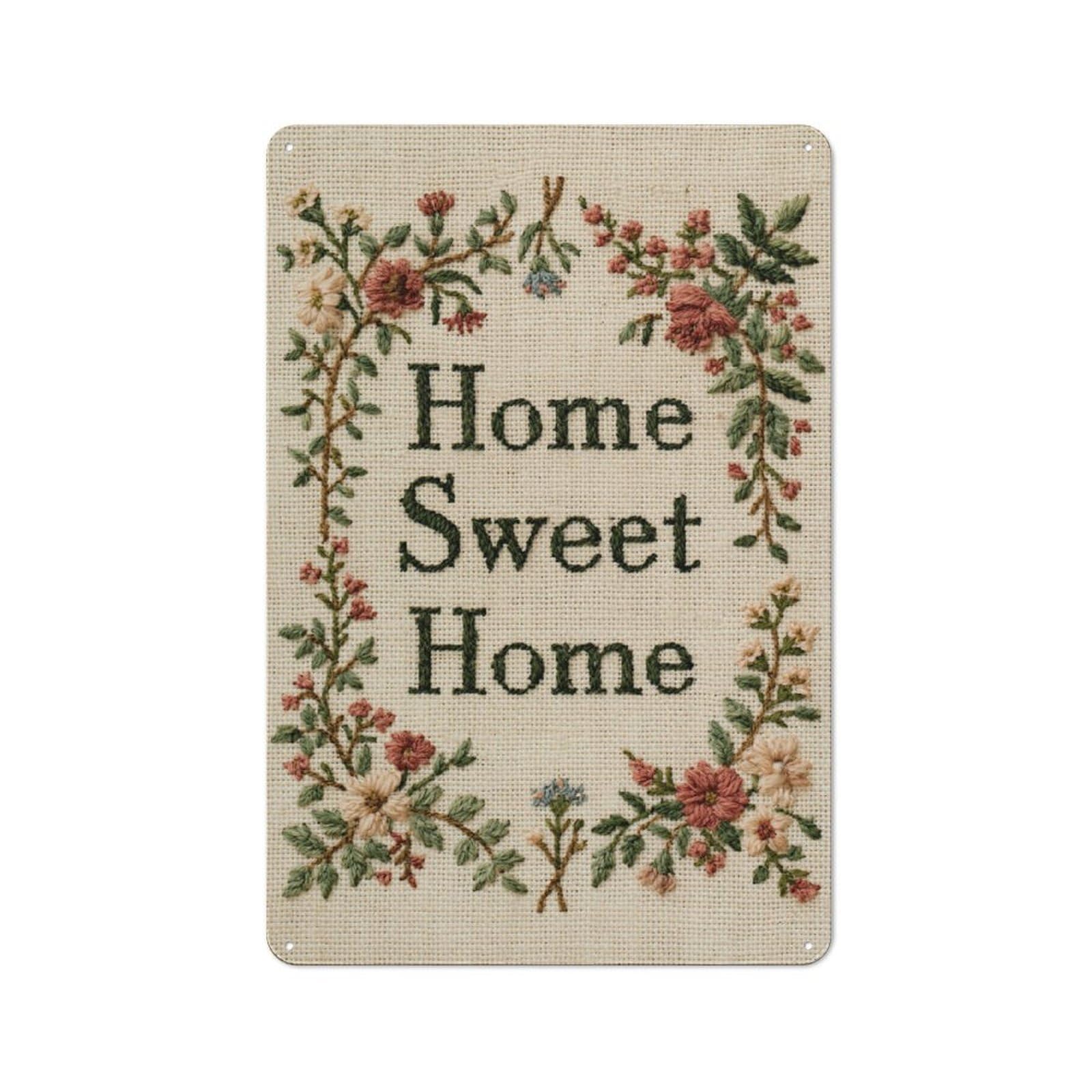 Jubonexis Antique Cottagecore Embroidery Home Sweet Home Tin Metal Signs Wall Art Decorations for Bar Pub Club Cafe Room Farmhouse White 30x20cm