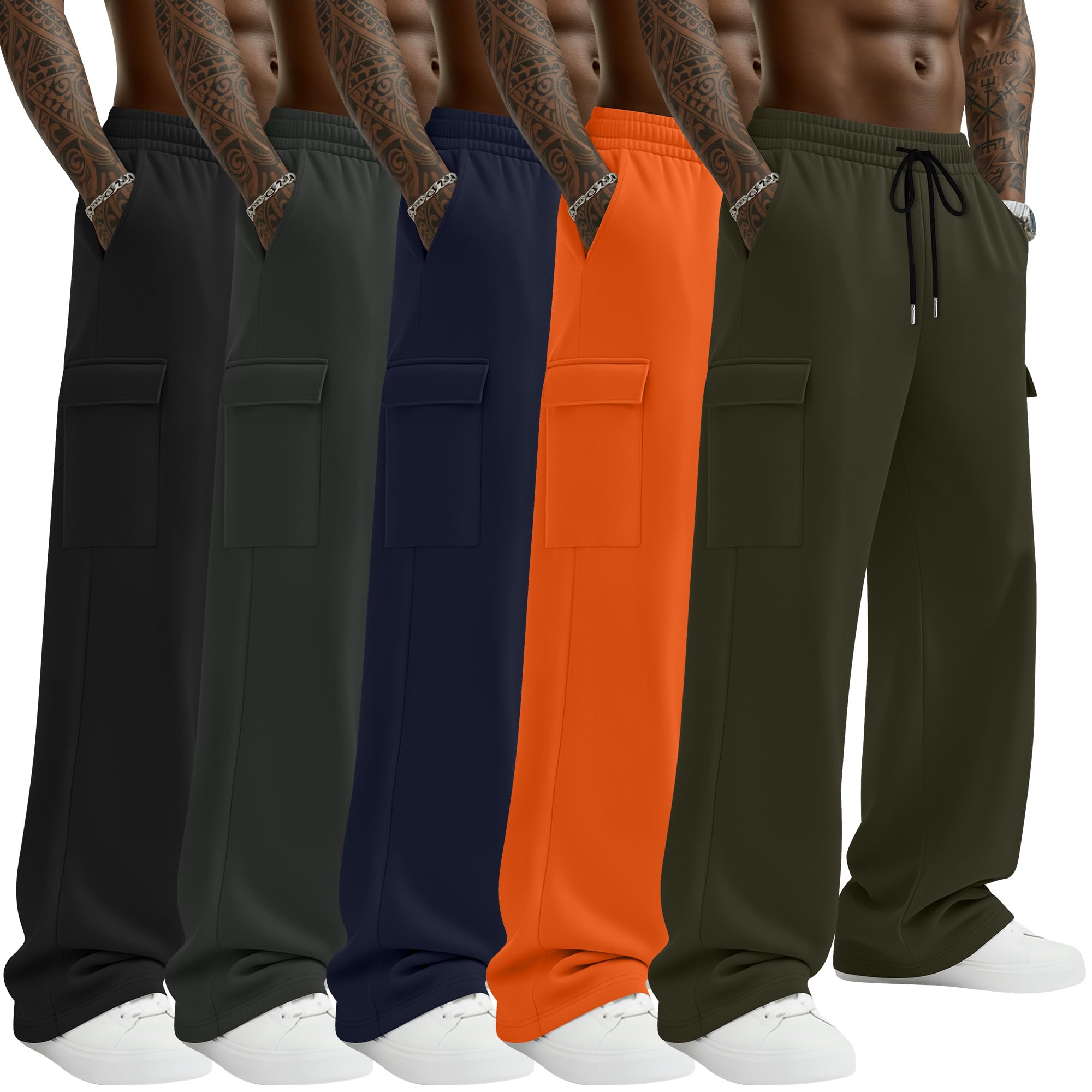 5 Pack Mens Cargo Sweatpants Lightweight Baggy Wide Leg Open Bottom Joggers Drawstring Pants with Pockets