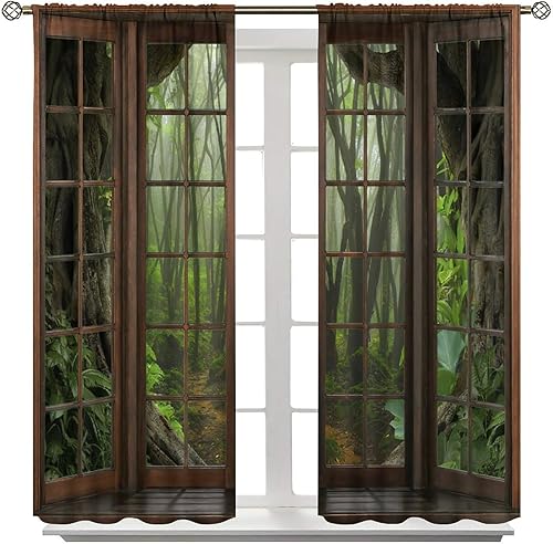 Vista 32 de Cortinas con Vista Natural, Estampado de Patrón de Río y Bosque Hermoso para Ventana, Cortinas Oscuras Aisladas para Dormitorio o Sala de 2 Paneles