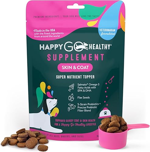 Happy Go Healthy - Suplementos para la piel y el pelaje para perros  Beneficios probióticos y prebióticos con Omega 3 de salmón silvestre para