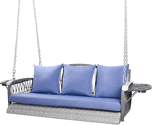 Columpio de mimbre para porche, resistente, 900 libras, 3 asientos, silla columpio para patio al aire libre con cojines y cadenas de 8.9 pies, banco