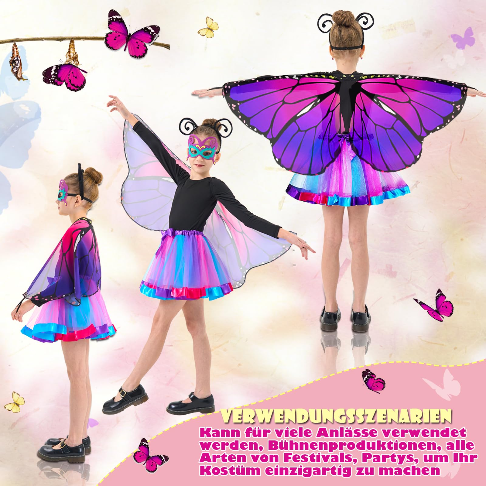 Costume da farfalla per bambini, con ali di farfalla per bambini, con gonna, personale, maschera per gli occhi e farfalla, set da principessa, costume da carnevale