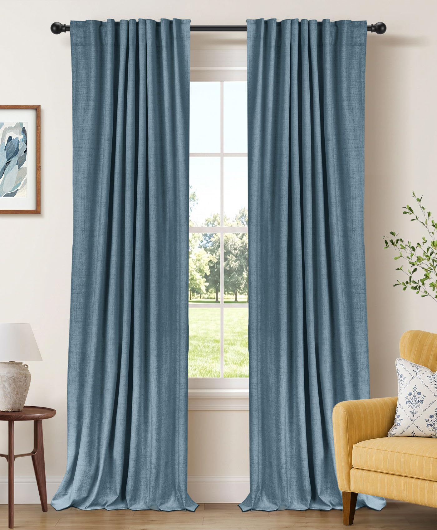 Faux Linen Total Blackout Curtains for Bedroom 90 Inches Long, Stone Blue