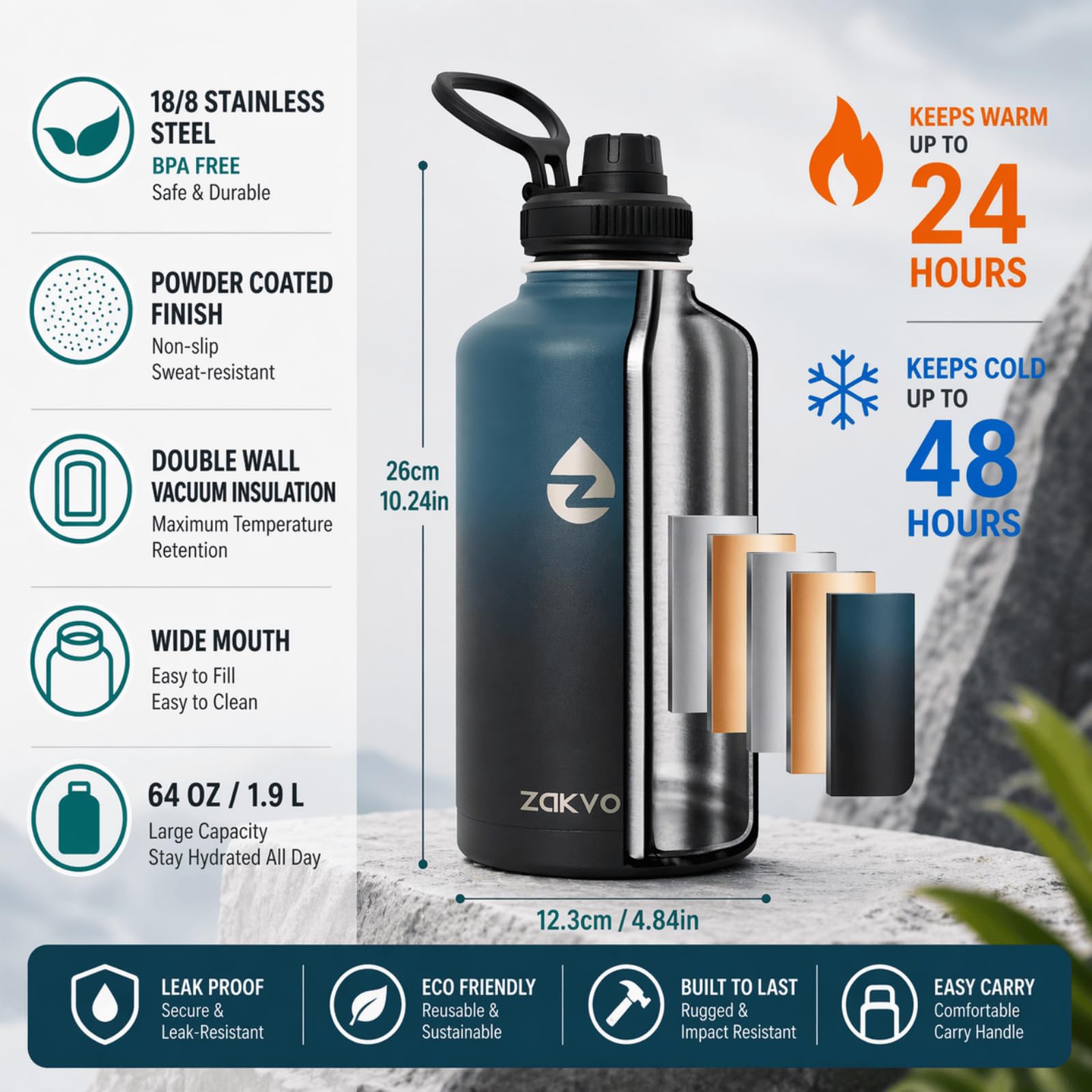 Gourde Isotherme 2l, Bouteille Isotherme avec Pailles et 3 Couvercles, Gourde Inox avec Poignée en Paracorde, Gourde 2l Étanche Sans BPA