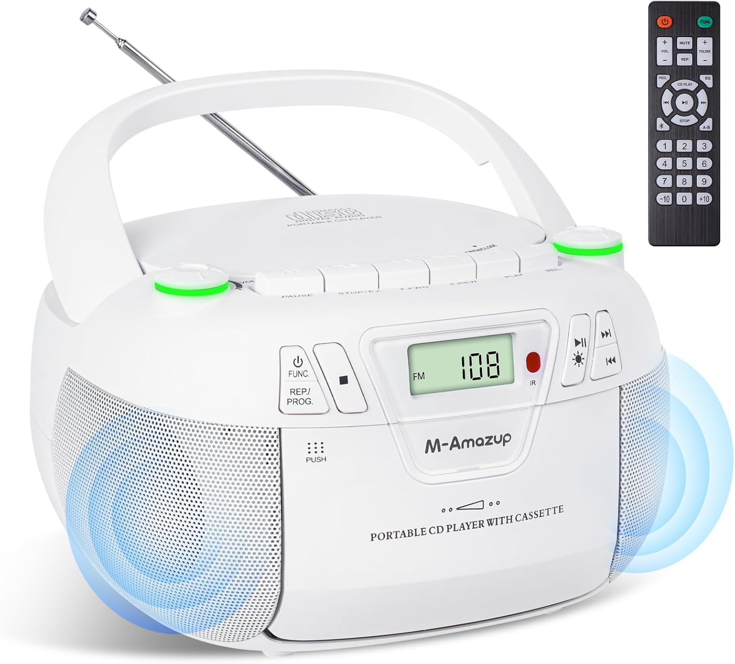 Boombox CD Player Portable Cassette Player with CD MP3 Bluetooth AUX TF/USB AM/FM Radio AC/DC Powered with Remote Control, Headphone Jack, Stereo Sound for Home,Kids,Gift(White)