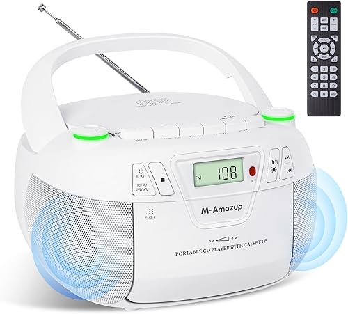 Boombox - Reproductor de CD portátil con CD MP3 Bluetooth AUX TFUSB AMFM Radio ACDC alimentado con control remoto, conector para auriculares, sonido