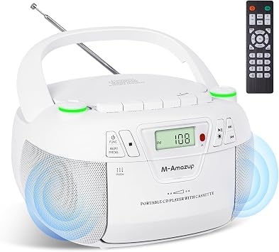 Boombox CD Player Portable Cassette Player with CD MP3 Bluetooth AUX TF/USB AM/FM Radio AC/DC Powered with Remote Control, Headphone Jack, Stereo Sound for Home,Kids,GiftWhite