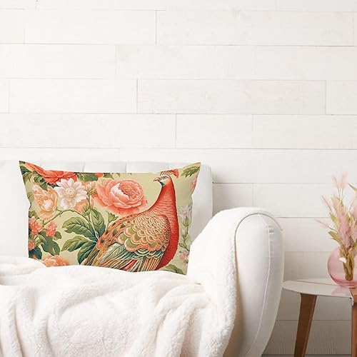 Miniatura 3 de ArogGeld Chinoiserie - Funda de cojín lumbar elegante color rosa chinoiserie con diseño de flores y pájaros, funda de almohada para sofá de jardín