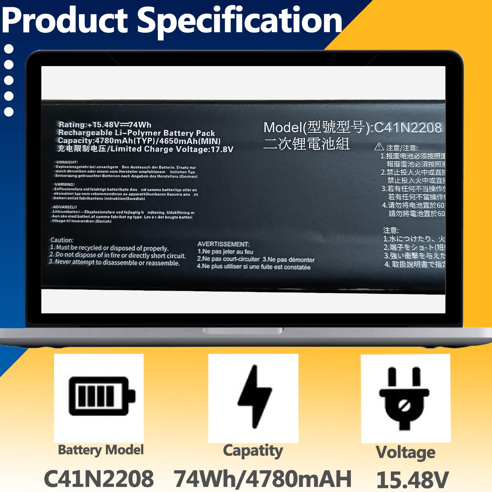 Batería C41N2208 Para ASUS ROG ALLY (RC71L/PC71L) - 74 Wh, 15.48V, Alta Capacidad, Fácil Instalación