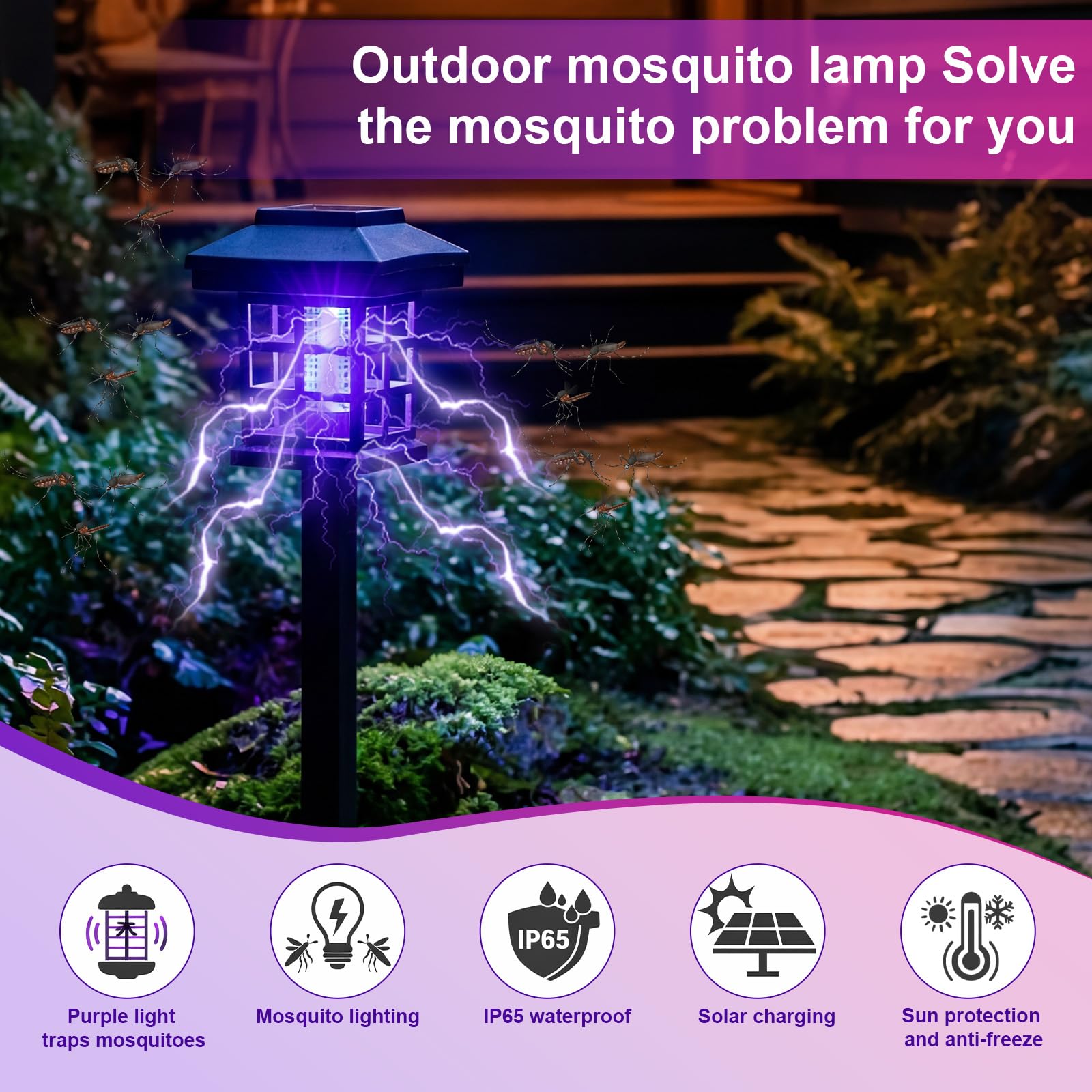 4 Stück Solar Insektenvernichter Outdoor Wasserdicht 2 in 1 Mückenzapper Solarbetriebene Mückenfalle Abwehr Lampe tötet Insekten LED-Lampe mit weiß-violettem Licht für Garten, Terrasse, Hof