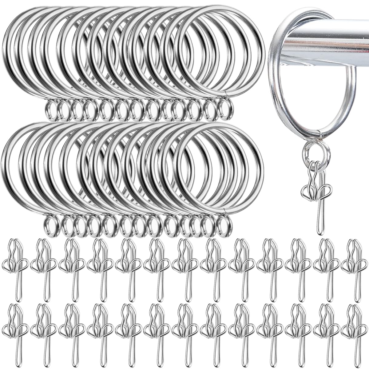 LOSYHU 50 Pack Metal Curtain Rings and Hooks, 32mm Silver Curtain Pole Rings with Metal Hooks