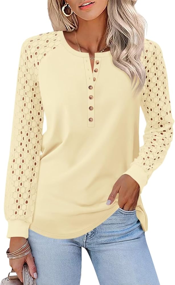 TICTICMISS Women's Lace Long Sleeve Shirts Henley Crewneck Tops